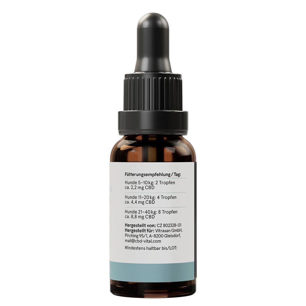 Rückseite einer 20 ml Flasche Hanföl für Hunde. Zeigt Fütterungsempfehlungen und Herstellerinformationen.