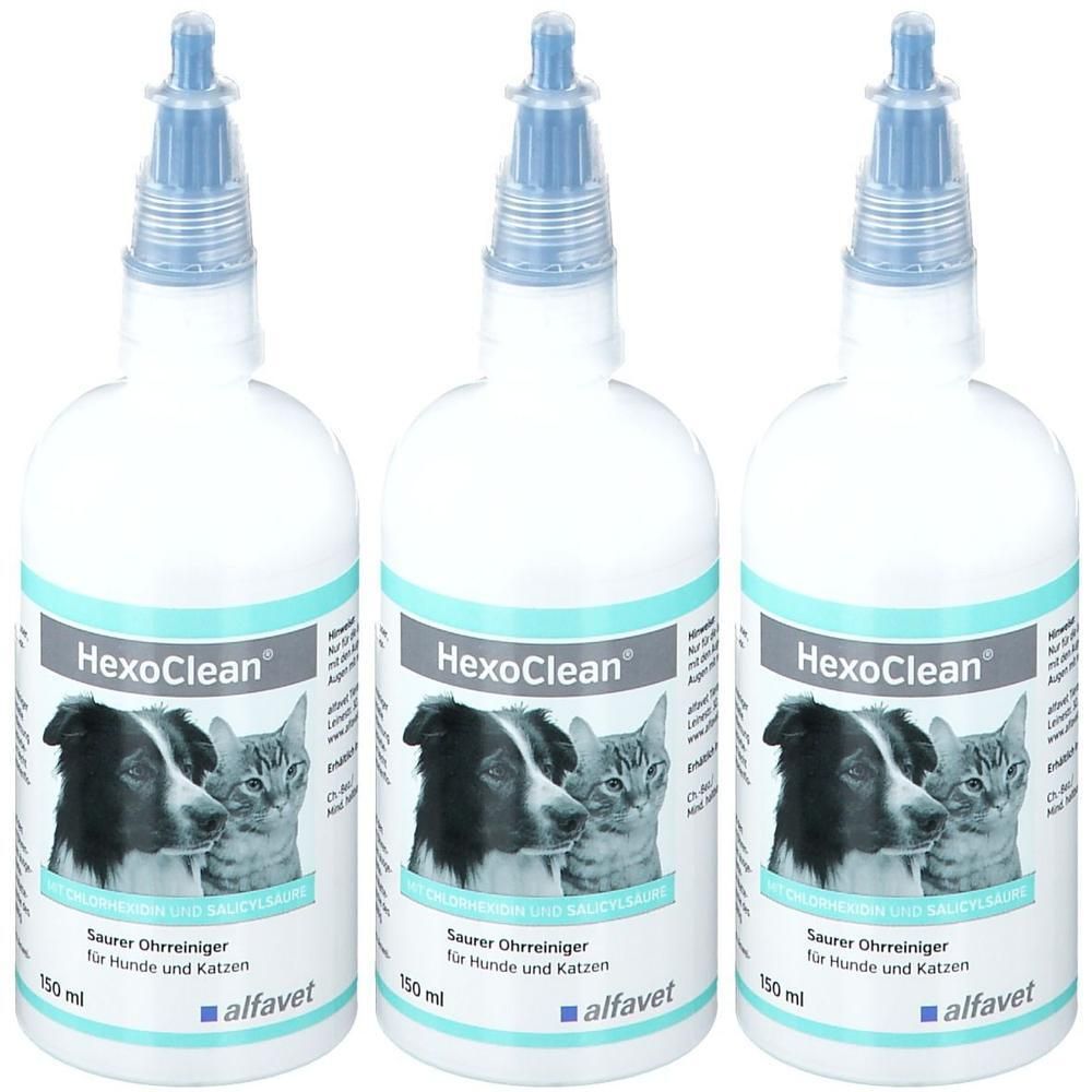 Drei Flaschen HexoClean® Ohrreiniger mit Hund- und Katzenbildern. 150 ml Flaschen mit blauem Applikator.