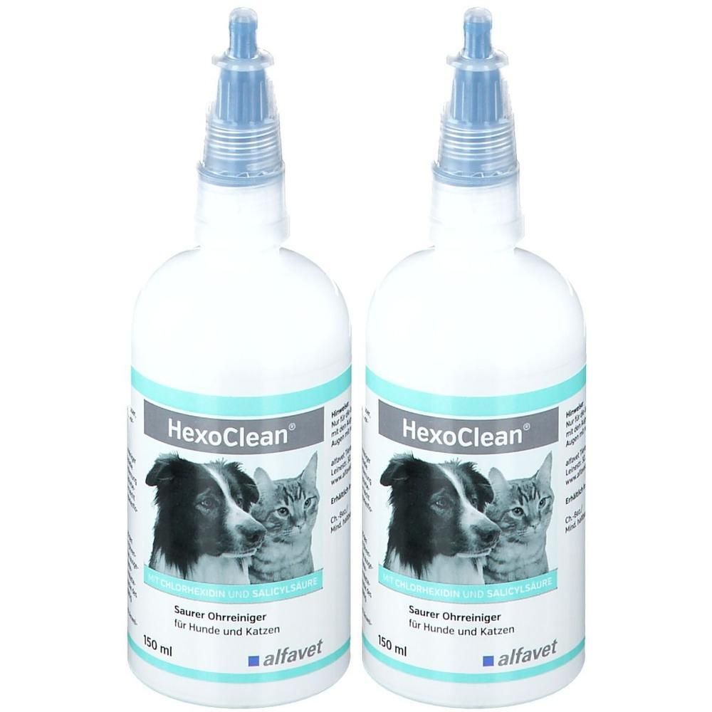 Zwei Flaschen HexoClean® Saurer Ohrenreiniger für Hunde und Katzen, je 150 ml.