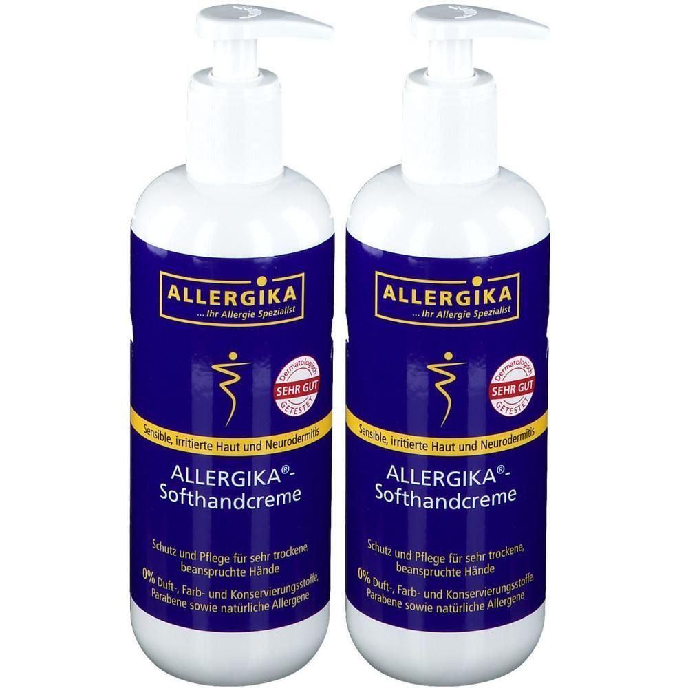 Zwei Pumpflaschen ALLERGIKA® Softhandcreme mit blauen Etiketten und weißen Pumpköpfen.