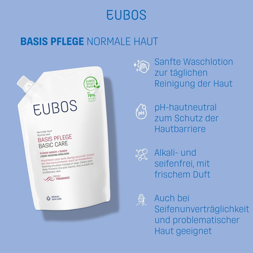 EUBOS Basis Pflege Nachfüllbeutel und seine Vorteile: Sanfte Reinigung, pH-neutral, duftend.