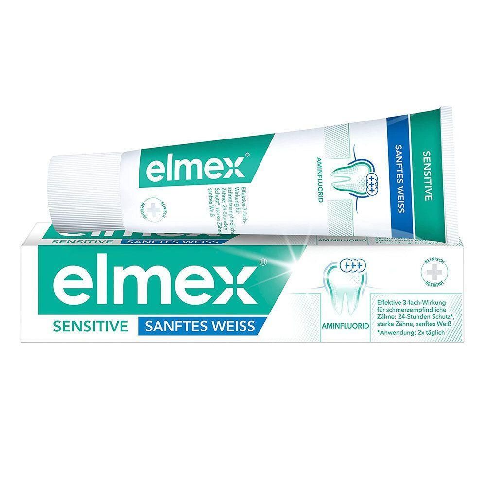 Elmex Sensitive Sanftes Weiss Zahnpasta Tube und Karton.