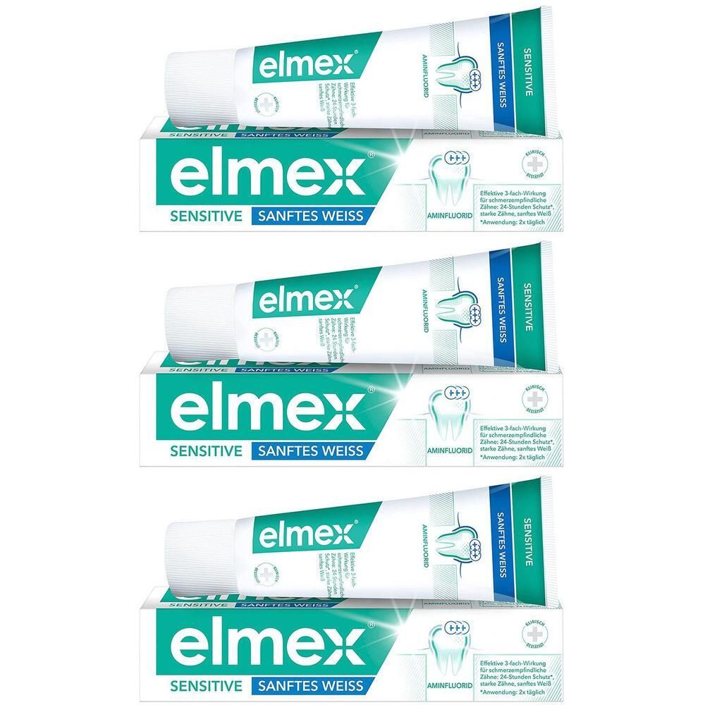 Drei Tuben und Kartons von Elmex Sensitive Sanftes Weiss Zahnpasta.