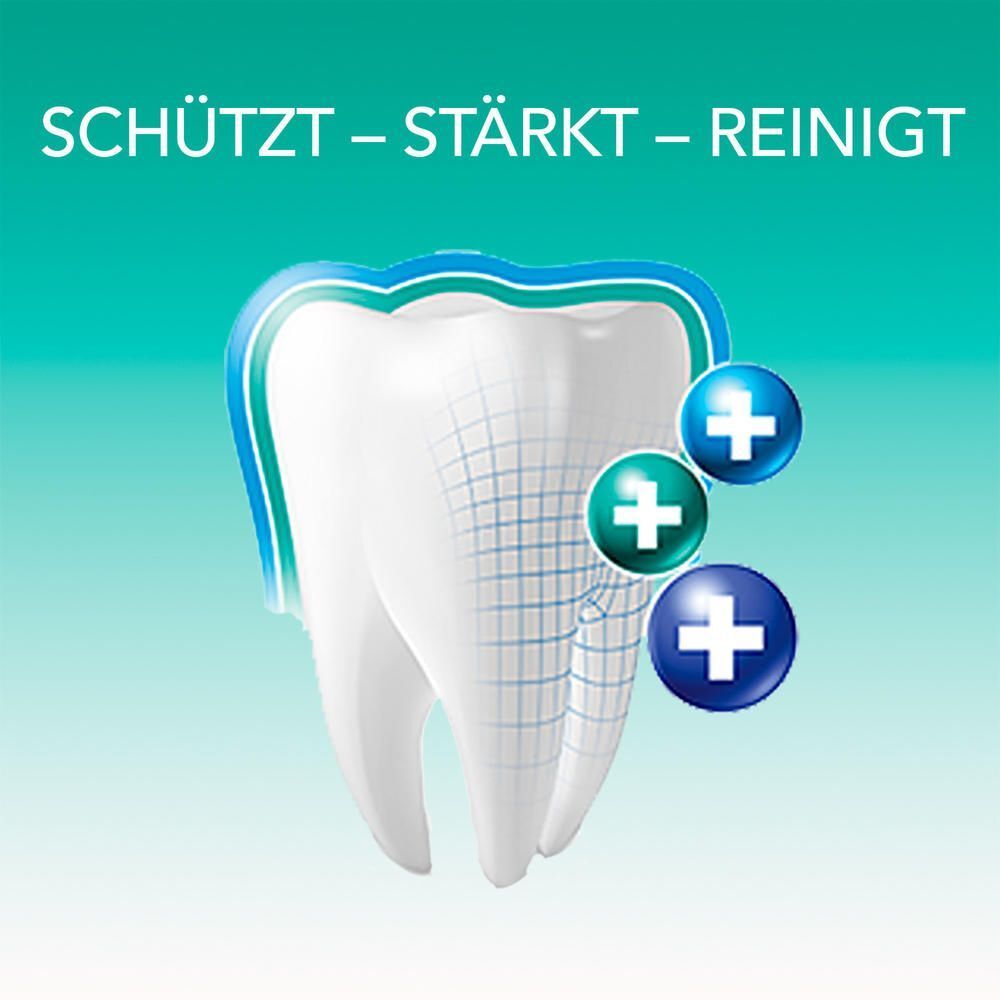 Grafik eines Zahns mit Schutzschild und drei Symbolen für Schutz, Stärkung und Reinigung.
