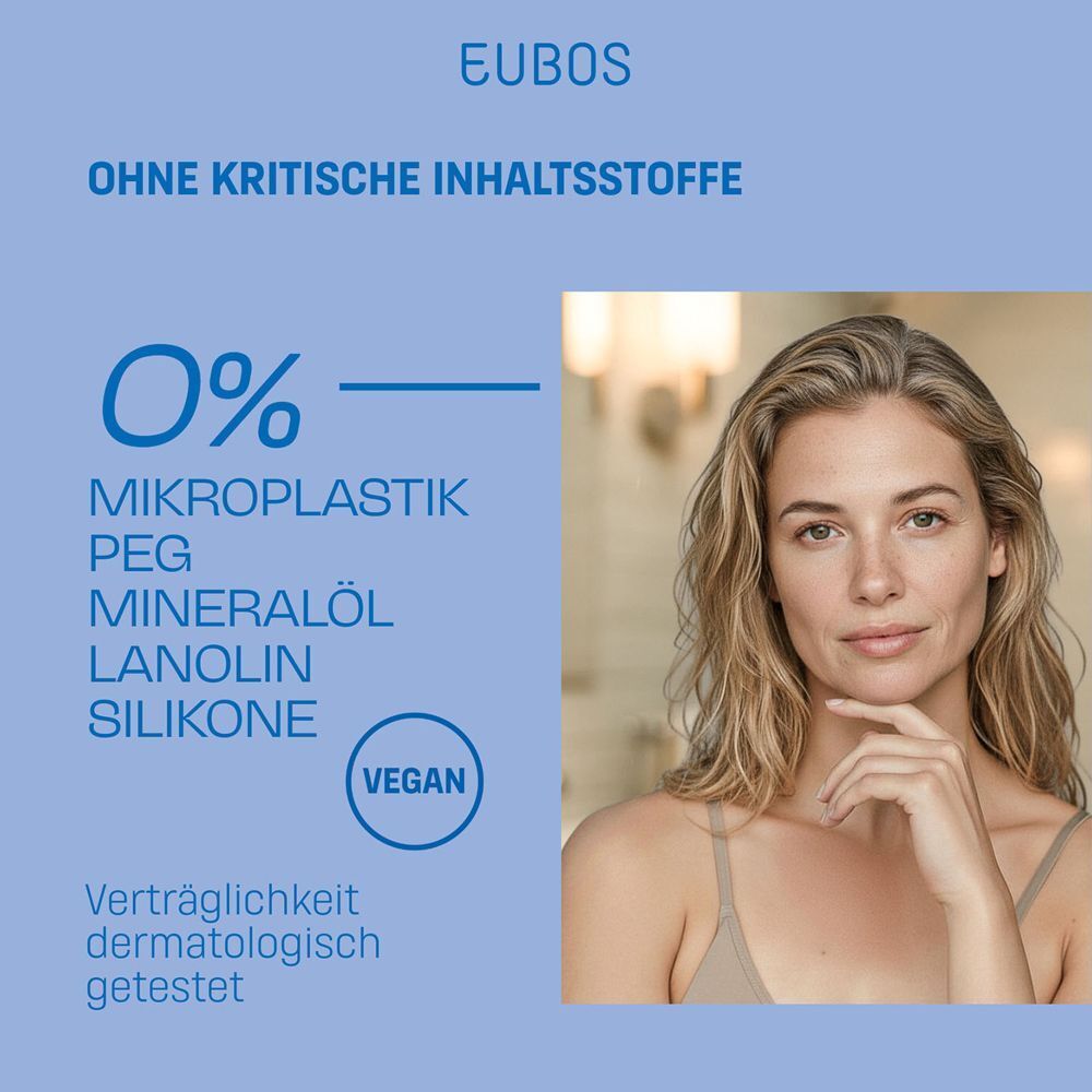 Frau mit Hand am Kinn, EUBOS frei von Mikroplastik, PEG, Mineralöl, Lanolin, Silikonen.