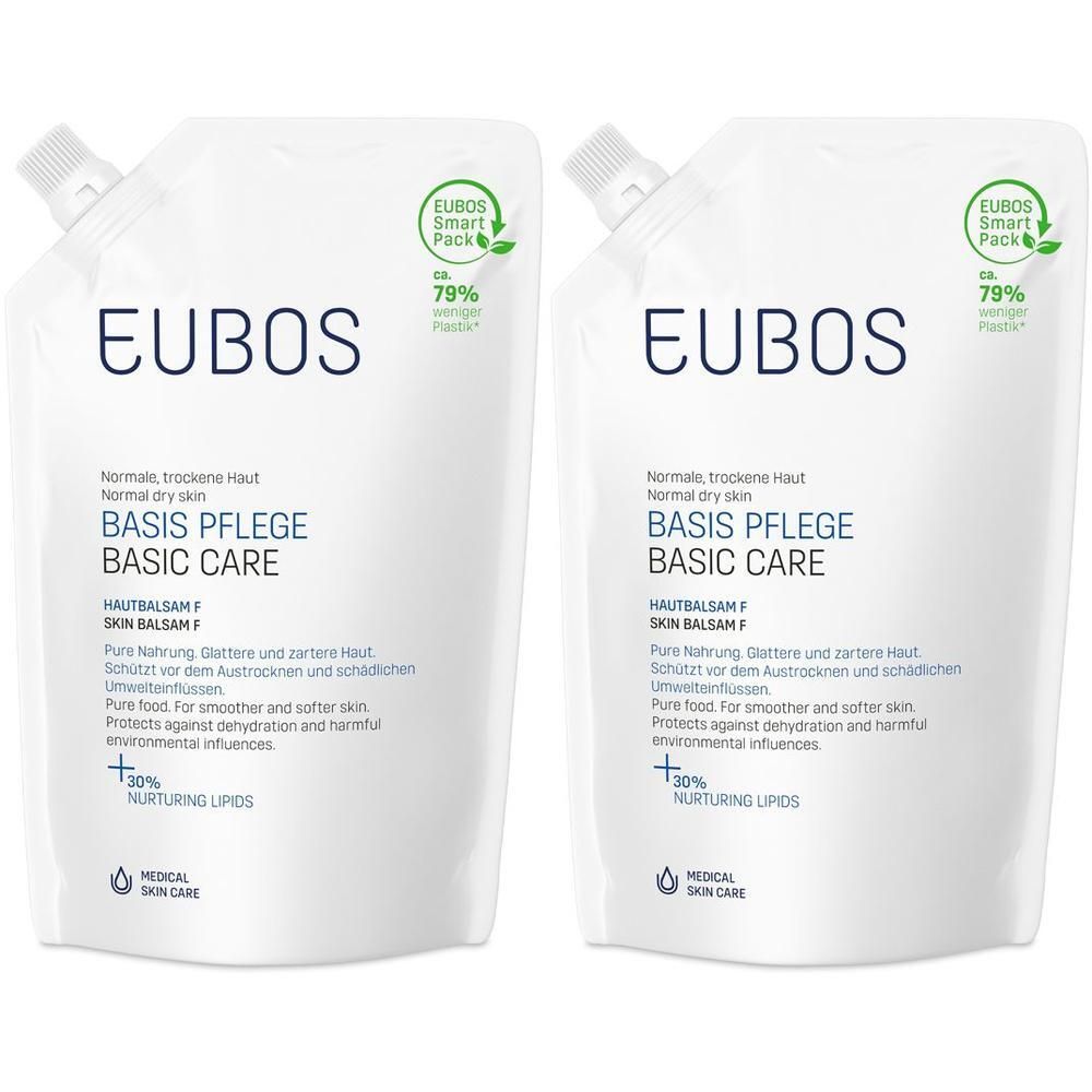 Zwei Nachfüllbeutel EUBOS Basis Pflege Hautbalsam F für trockene Haut.