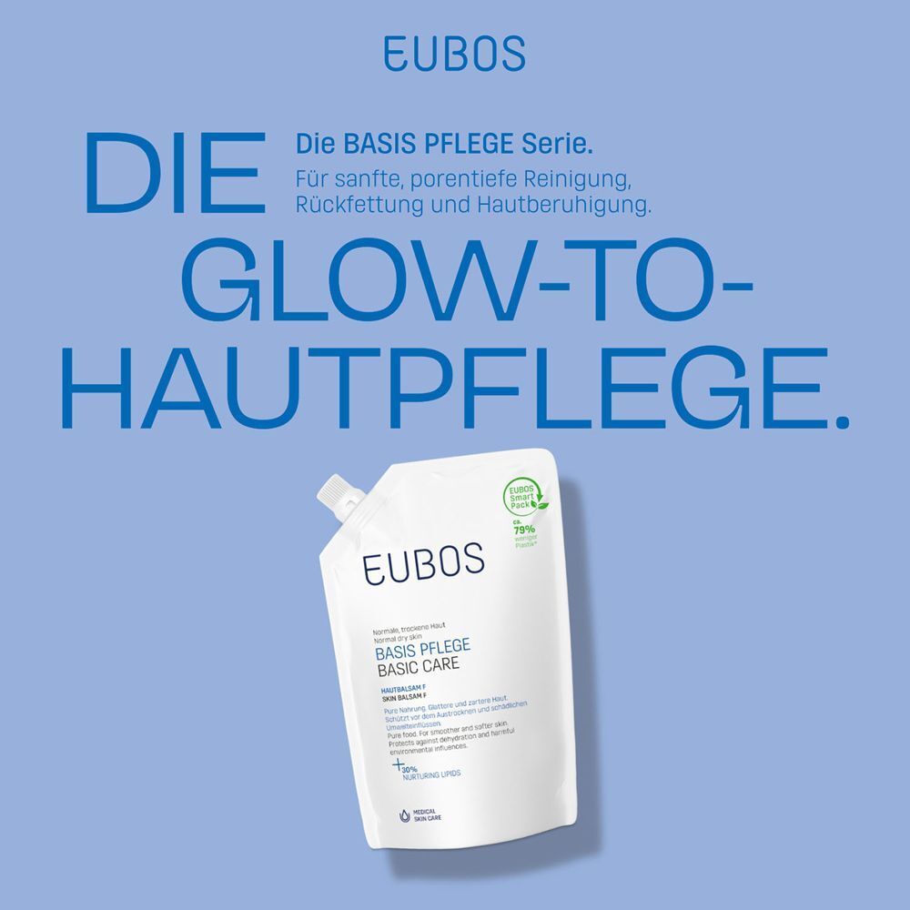 EUBOS Basis Pflege Nachfüllbeutel in einer blauen Grafik mit Text.