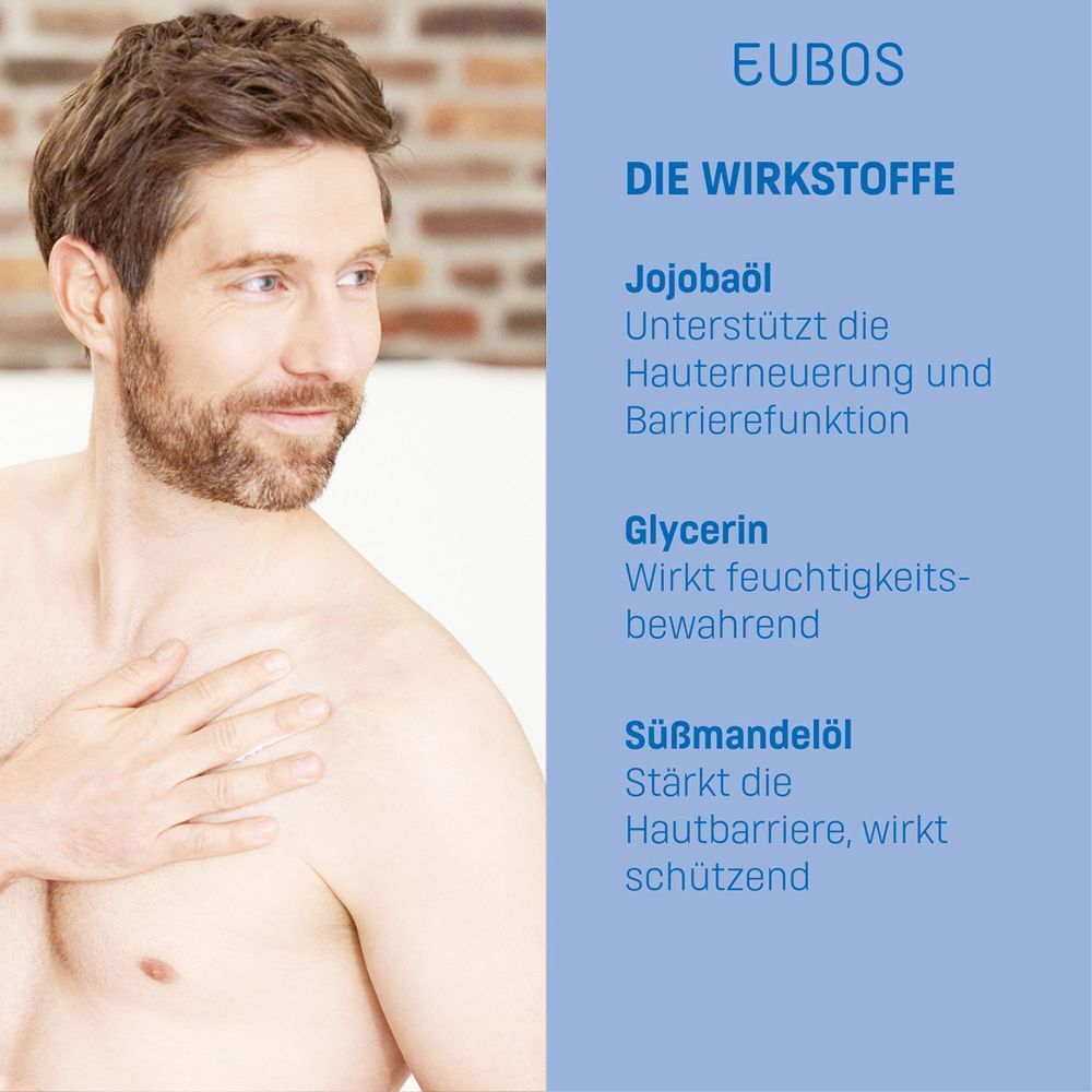 Mann mit Bart und Text über Jojobaöl, Glycerin und Süßmandelöl.