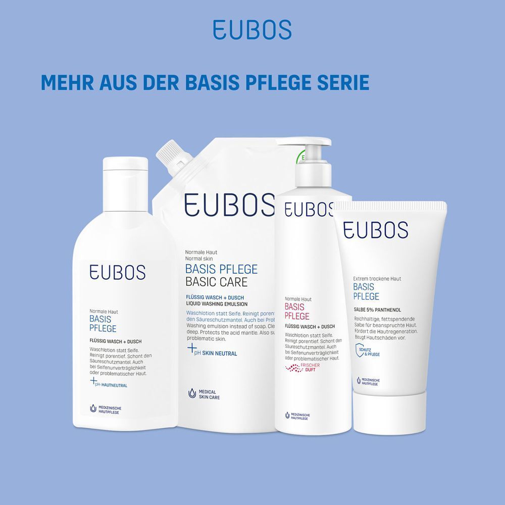 Vier EUBOS Basis Pflege Produkte: Waschgel, Nachfüllbeutel, Lotion, Creme.