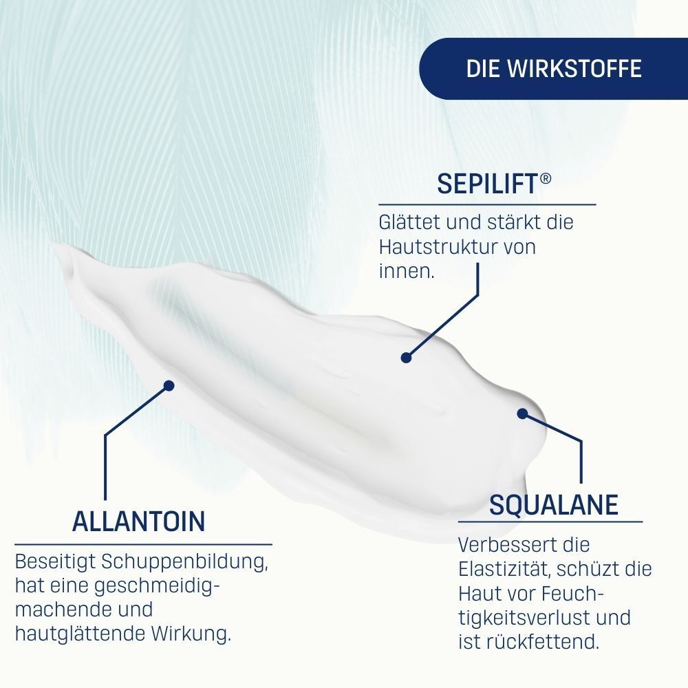 EUBOS Aufbaucreme: Sepilift glättet, Allantoin beseitigt Schuppen, Squalane verbessert Elastizität.