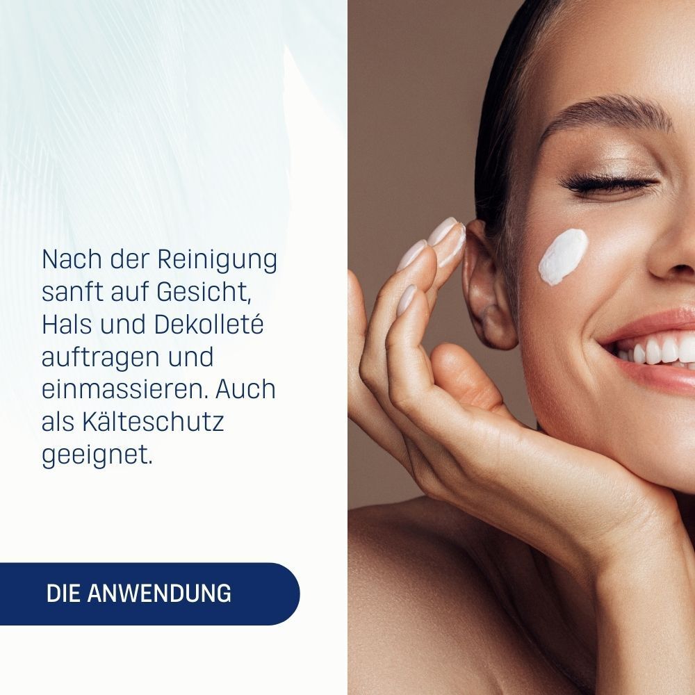 Anwendung der EUBOS Aufbaucreme auf Gesicht, Hals und Dekolleté.