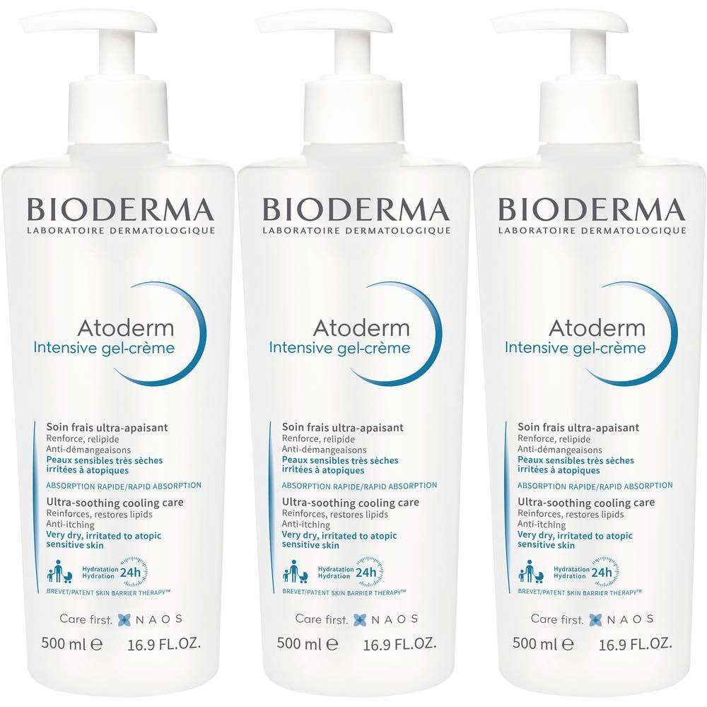 Drei weiße Pumpflaschen BIODERMA Atoderm Intensive gel-crème, 500 ml.