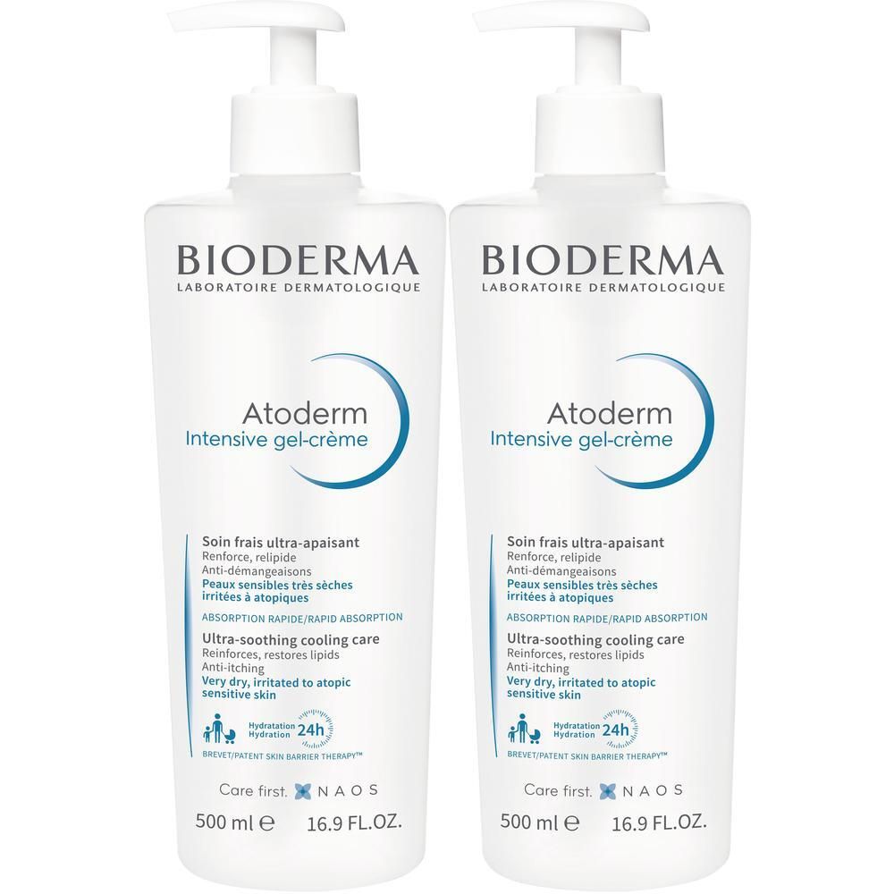 Zwei BIODERMA Atoderm Intensive Gel-Crème Spenderflaschen mit Pumpverschluss.