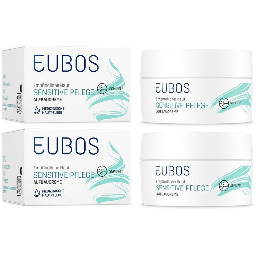 EUBOS Sensitive Pflege Aufbaucreme für trockene & empfindliche Haut, Nachtpflege. Zwei Kartons und zwei Cremetiegel.