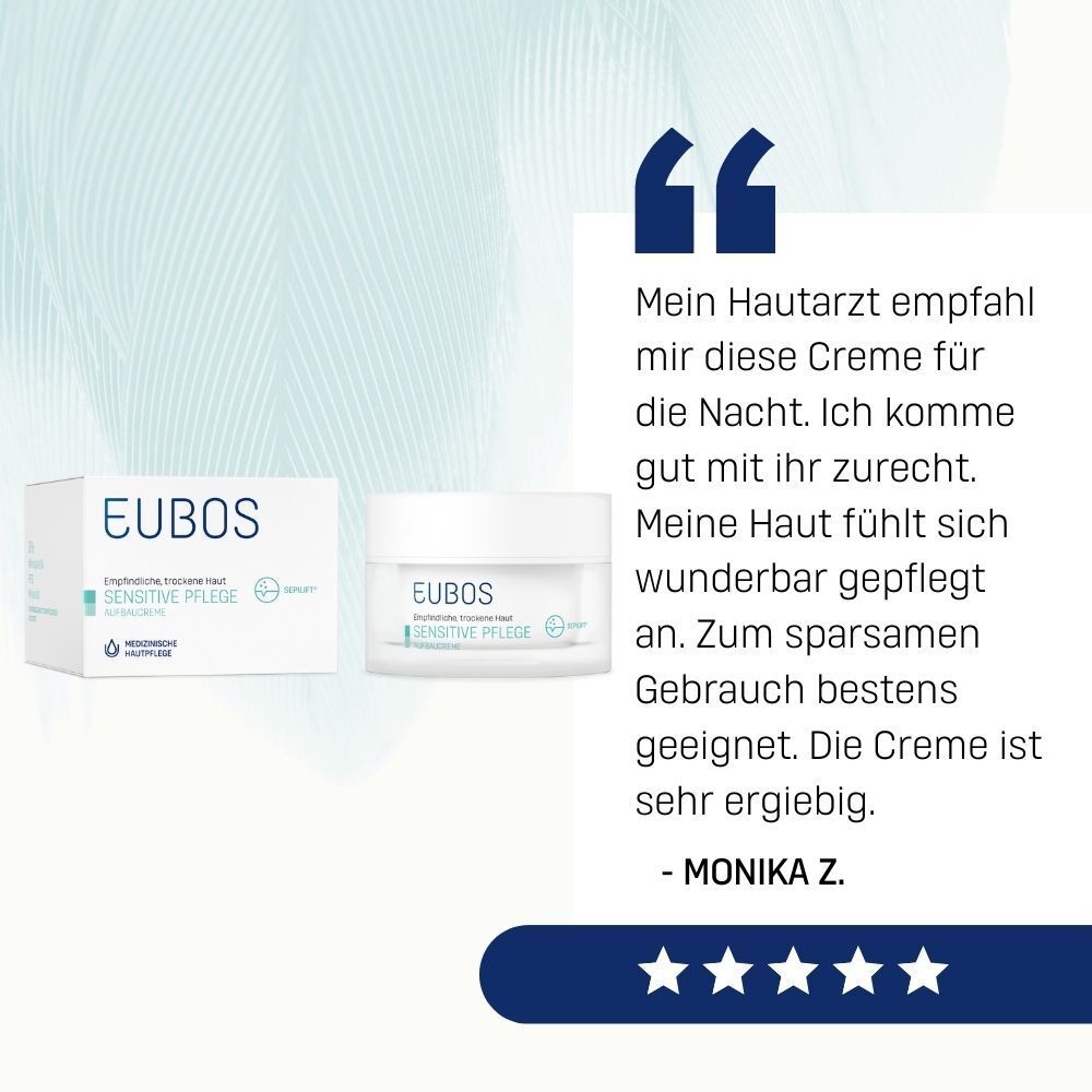 EUBOS Sensitive Pflege Aufbaucreme. Kundenrezension: "Mein Hautarzt empfahl mir diese Creme für die Nacht."