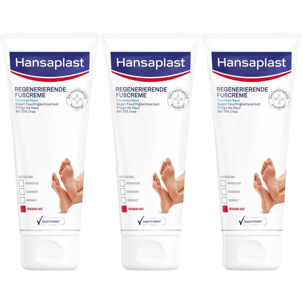 Drei Tuben Hansaplast Regenerierende Fußcreme mit Urea.