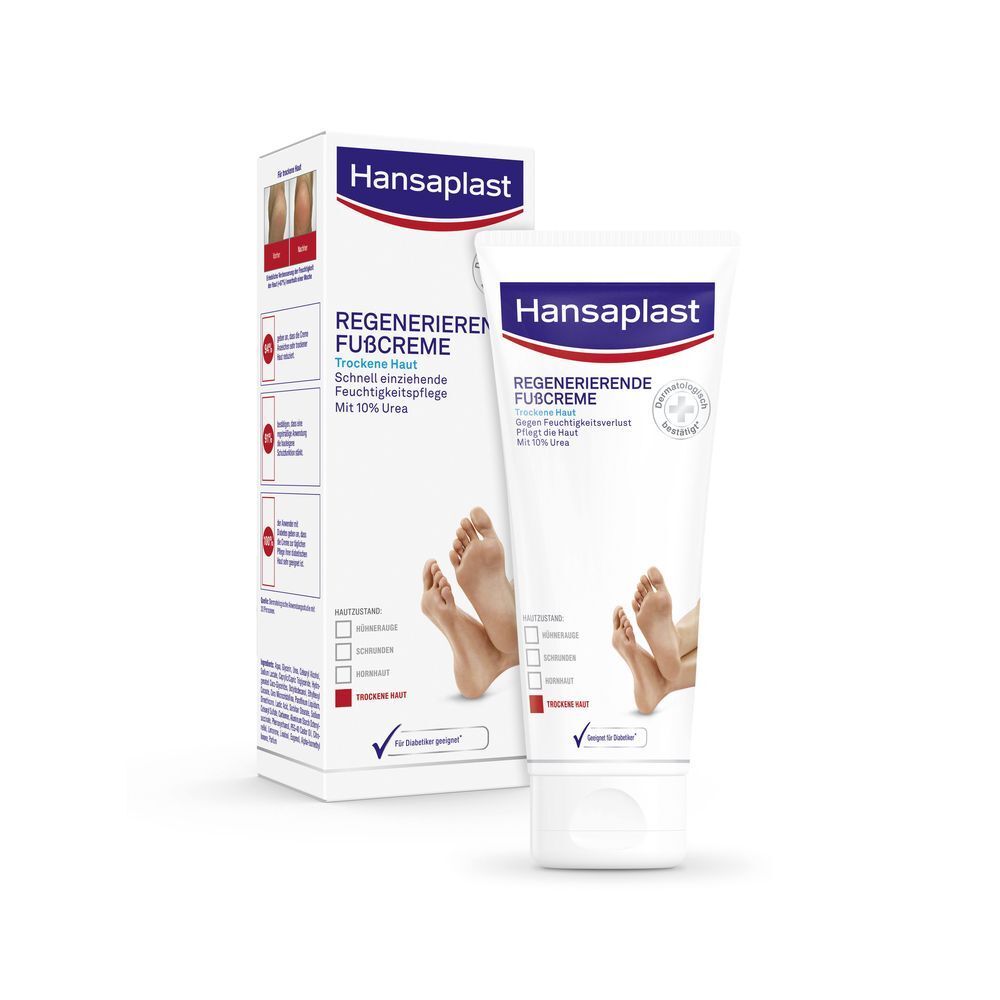 Rückseite der Hansaplast Fußcreme-Verpackung mit Produktinfos.
