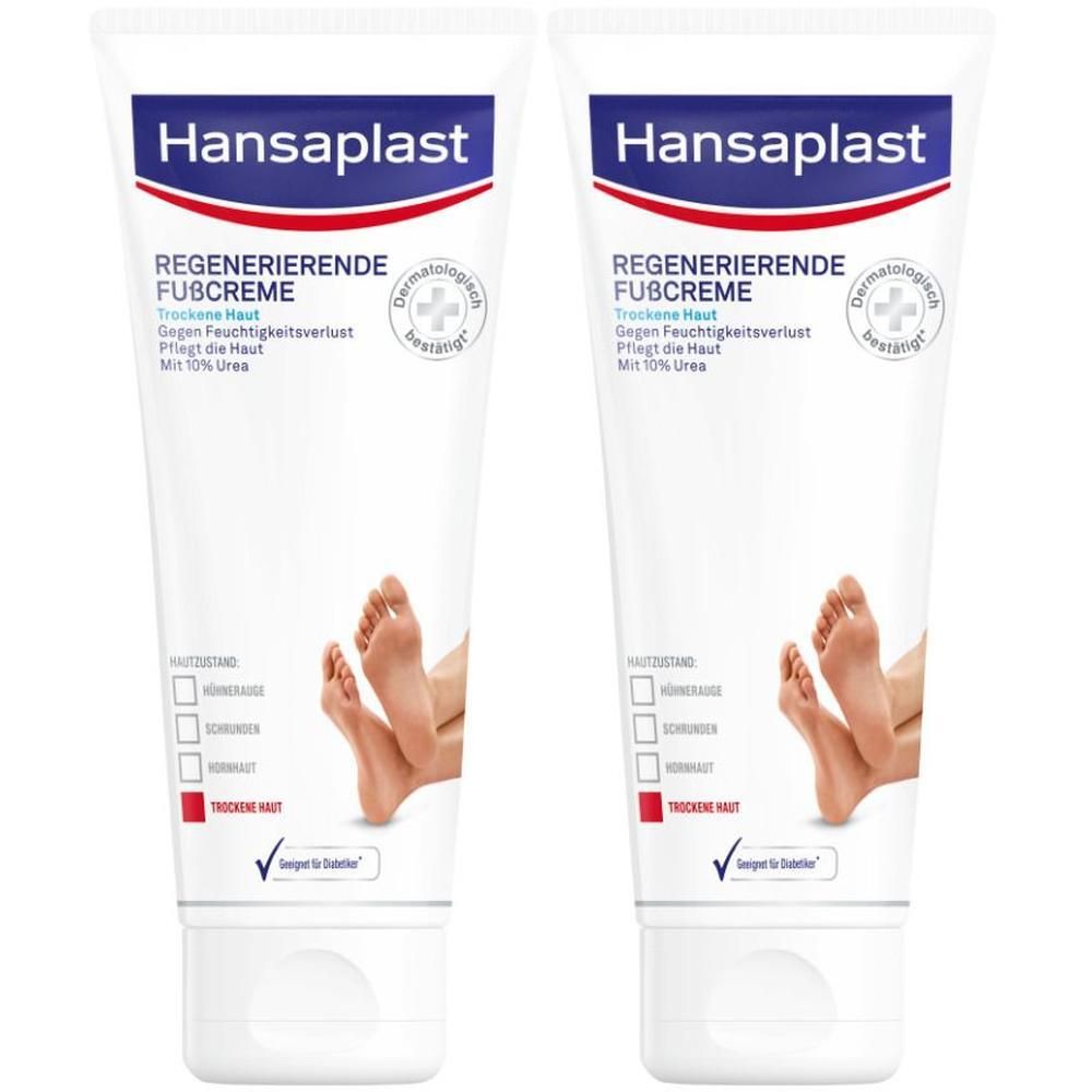 Zwei Tuben Hansaplast Regenerierende Fußcreme mit 10% Urea. Zeigt trockene Füße und Hautzustände.