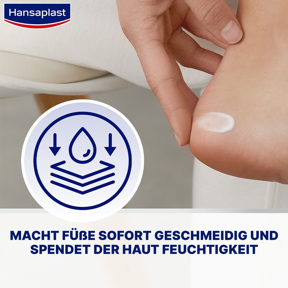 Schritt 1-3: Anwendung der Hansaplast Fußcreme. Auftragen, einmassieren, wiederholen.