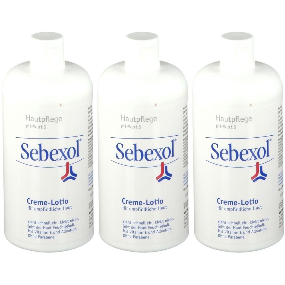 Drei weiße Sebexol Creme-Lotio Flaschen mit blauen und roten Akzenten.