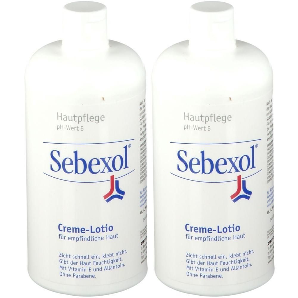 Zwei weiße Flaschen Sebexol Creme-Lotion mit blauem Schriftzug und Logo.