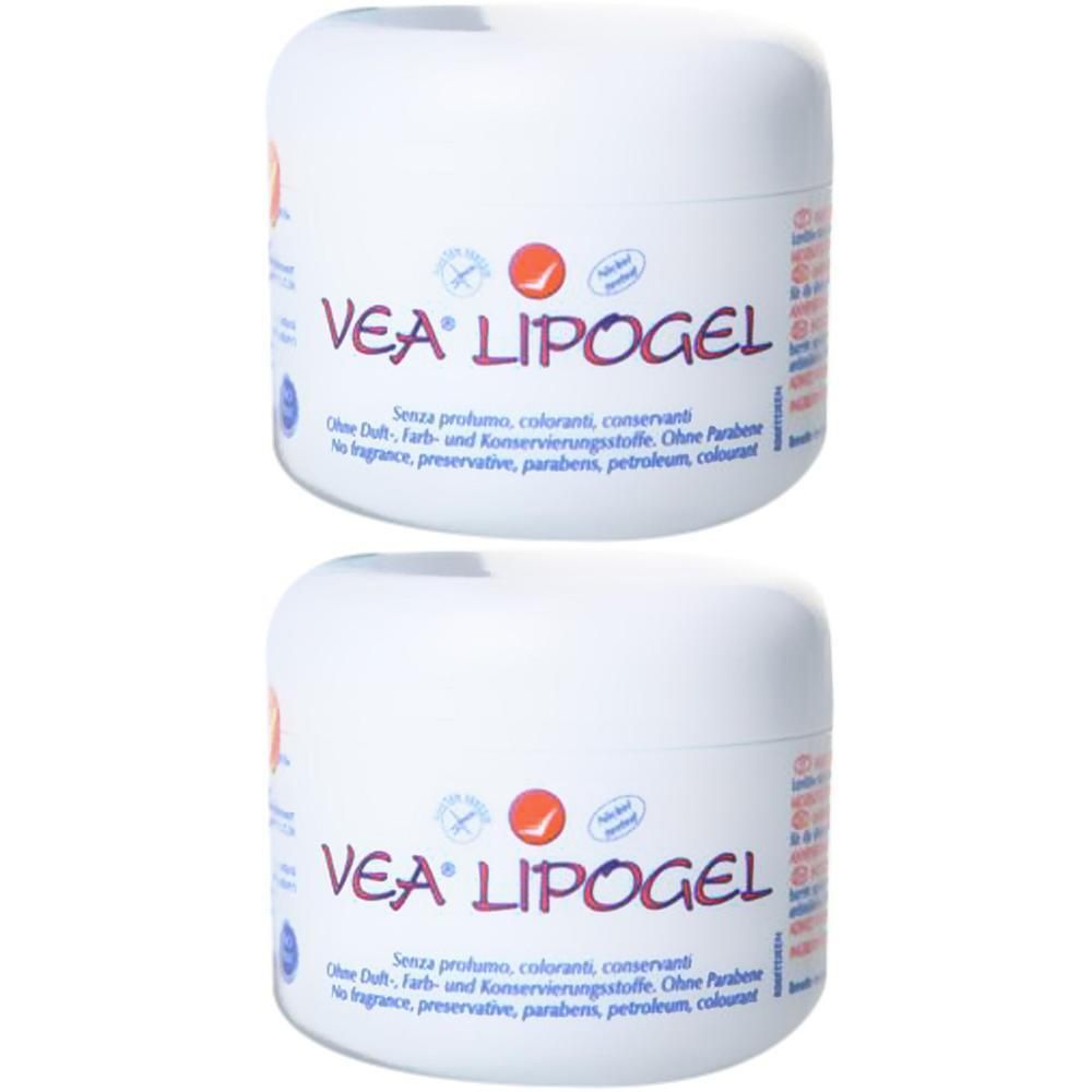 Zwei weiße Tiegel mit VEA LIPOGEL Aufschrift. Ohne Duft, Farb- und Konservierungsstoffe.
