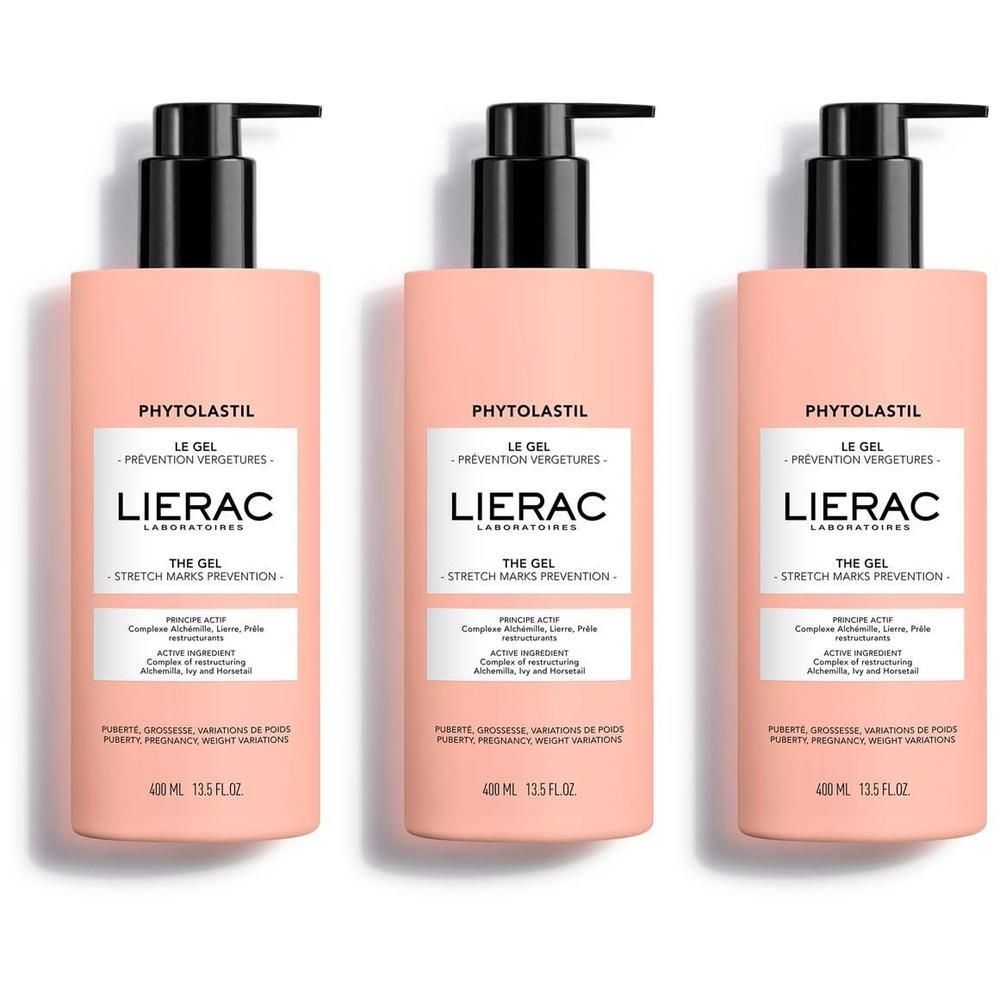 Drei LIERAC Phytolastil Gel Flaschen mit Pumpspendern, 400ml.