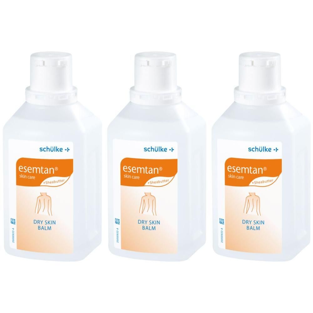Drei Flaschen esemtan® Dry Skin Balm mit Etikett, das eine stilisierte Rückenansicht zeigt.