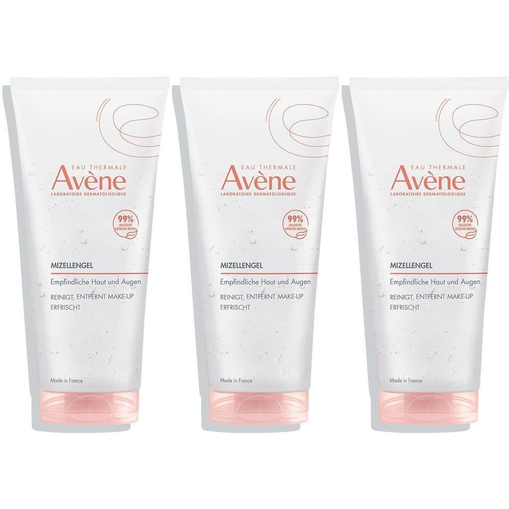 Drei Tuben Avène Mizellengel für empfindliche Haut und Augen. Reinigt und entfernt Make-up.