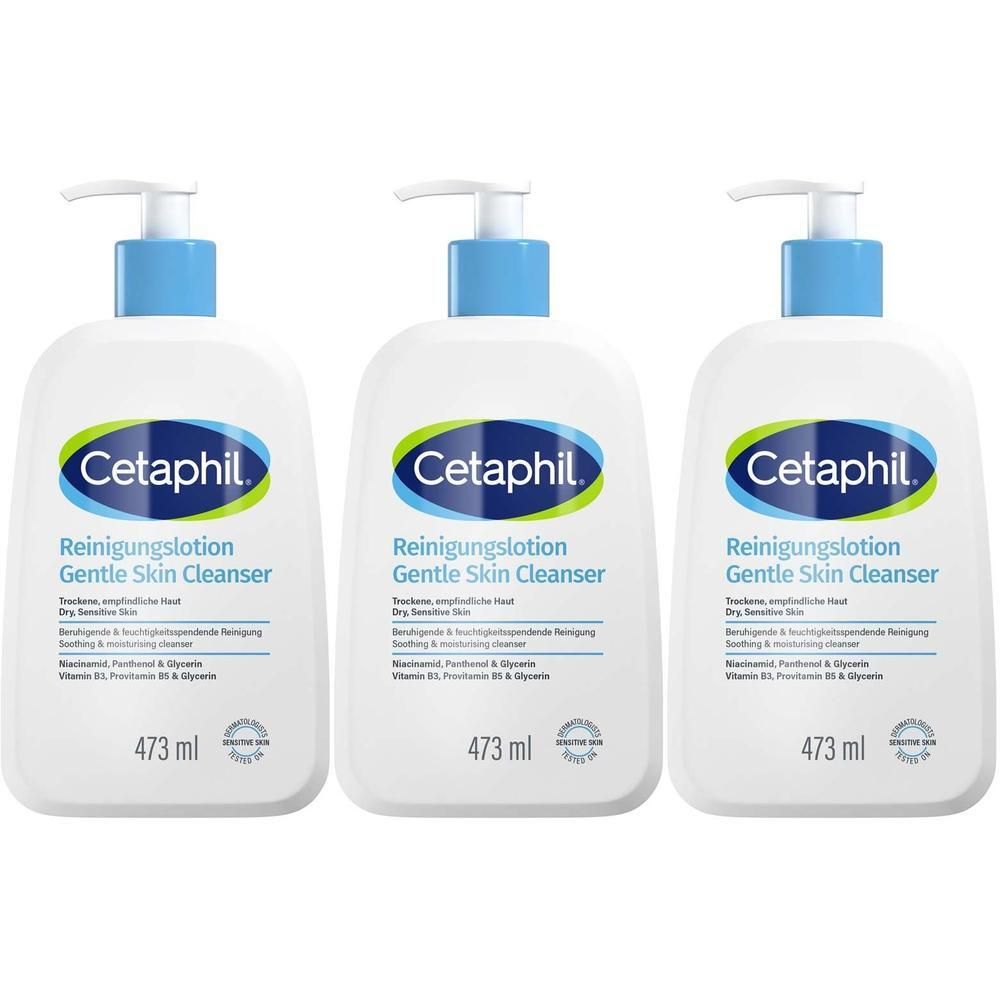 Drei Flaschen Cetaphil Reinigungslotion mit Pumpdosierer, 473 ml.