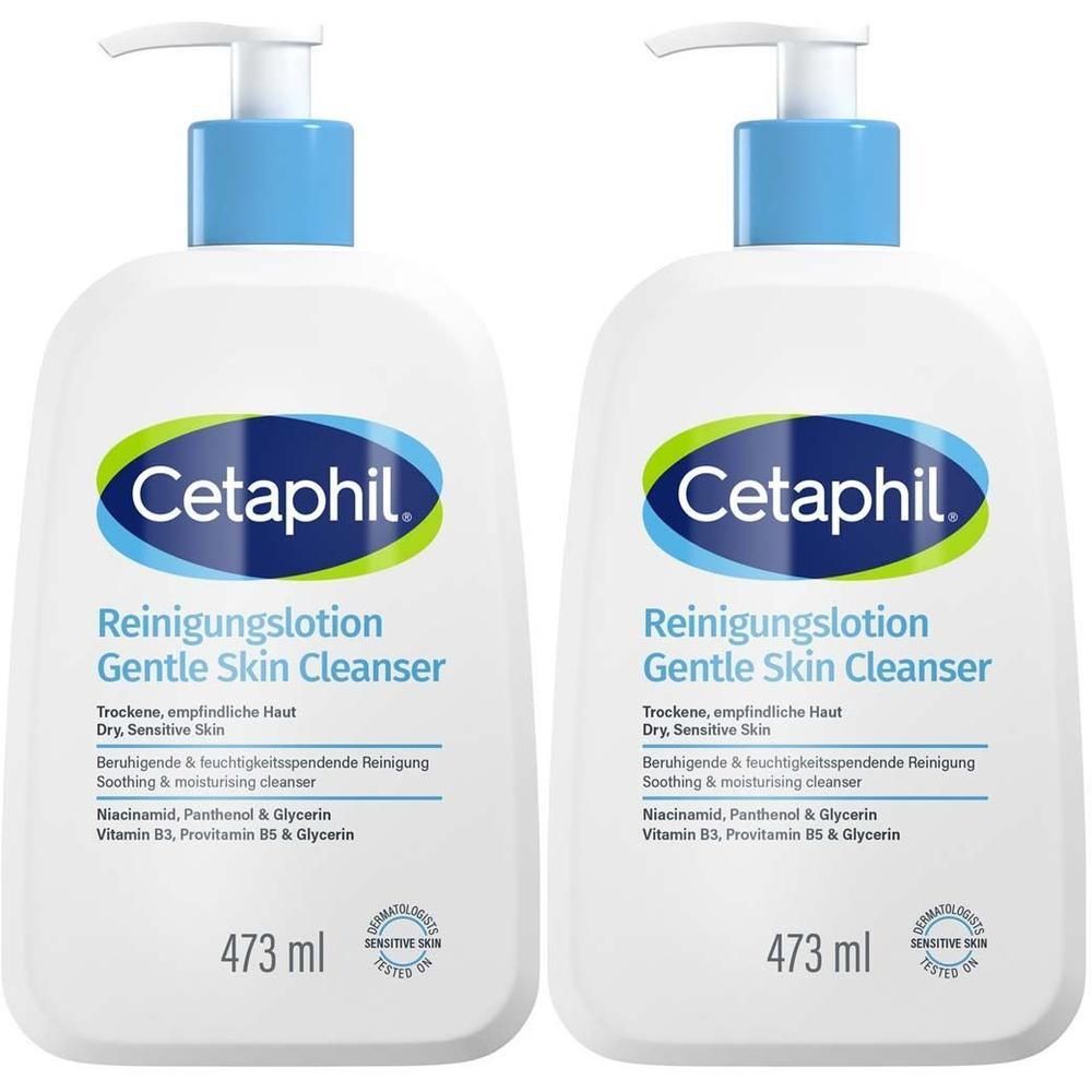 Zwei weiße Pumpflaschen Cetaphil Reinigungslotion mit blauem Verschluss.