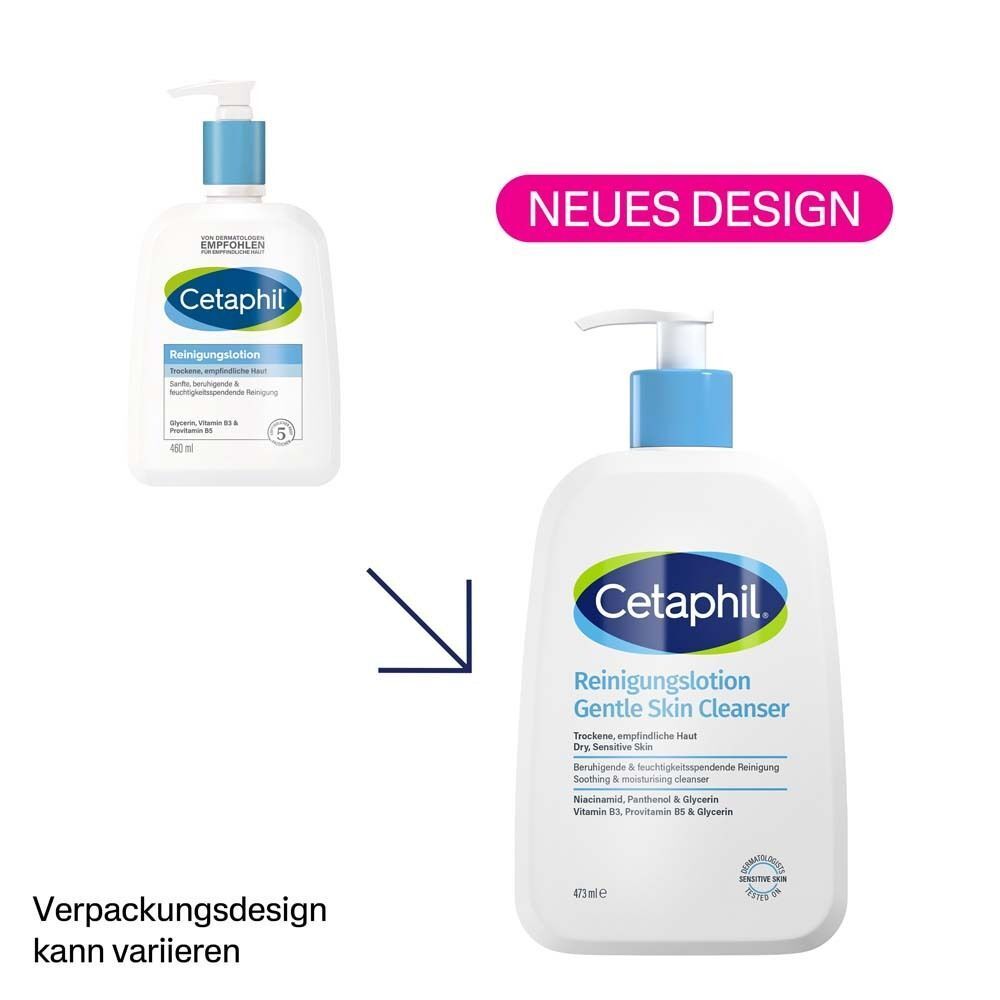 Vergleich von altem und neuem Design der Cetaphil Reinigungslotion.