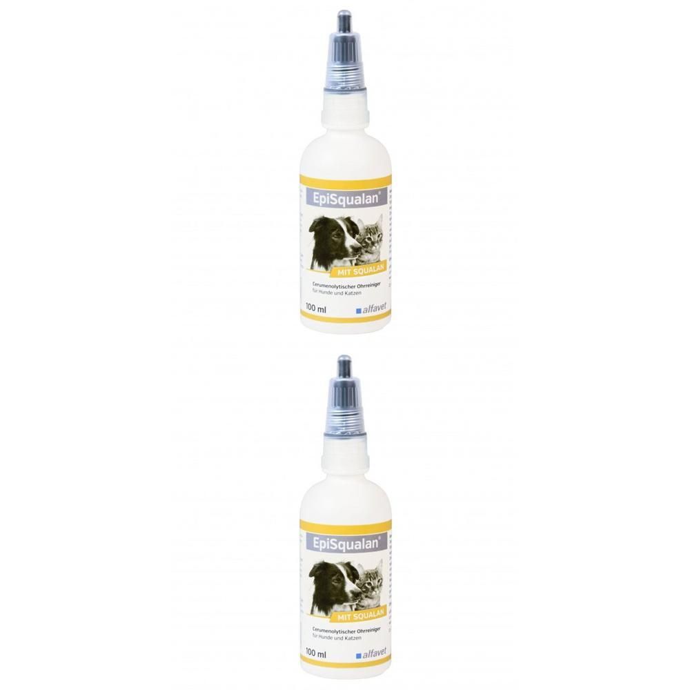 Zwei weiße Flaschen mit EpiSqualan®-Etikett und Applikator. 100 ml.