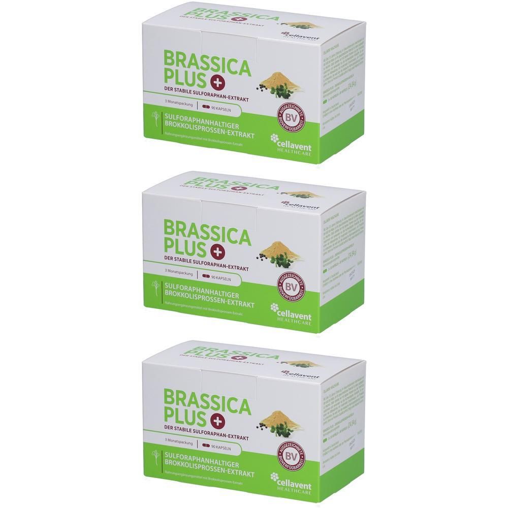 Drei Schachteln Brassica PLUS mit Brokkolisprossen-Extrakt. Zellent-Logo sichtbar.