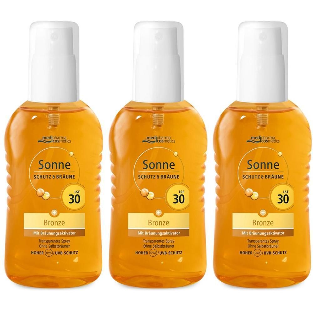 Drei Flaschen medipharma cosmetics Sonne Schutz & Bräune LSF 30 Bronze transparentes Spray.