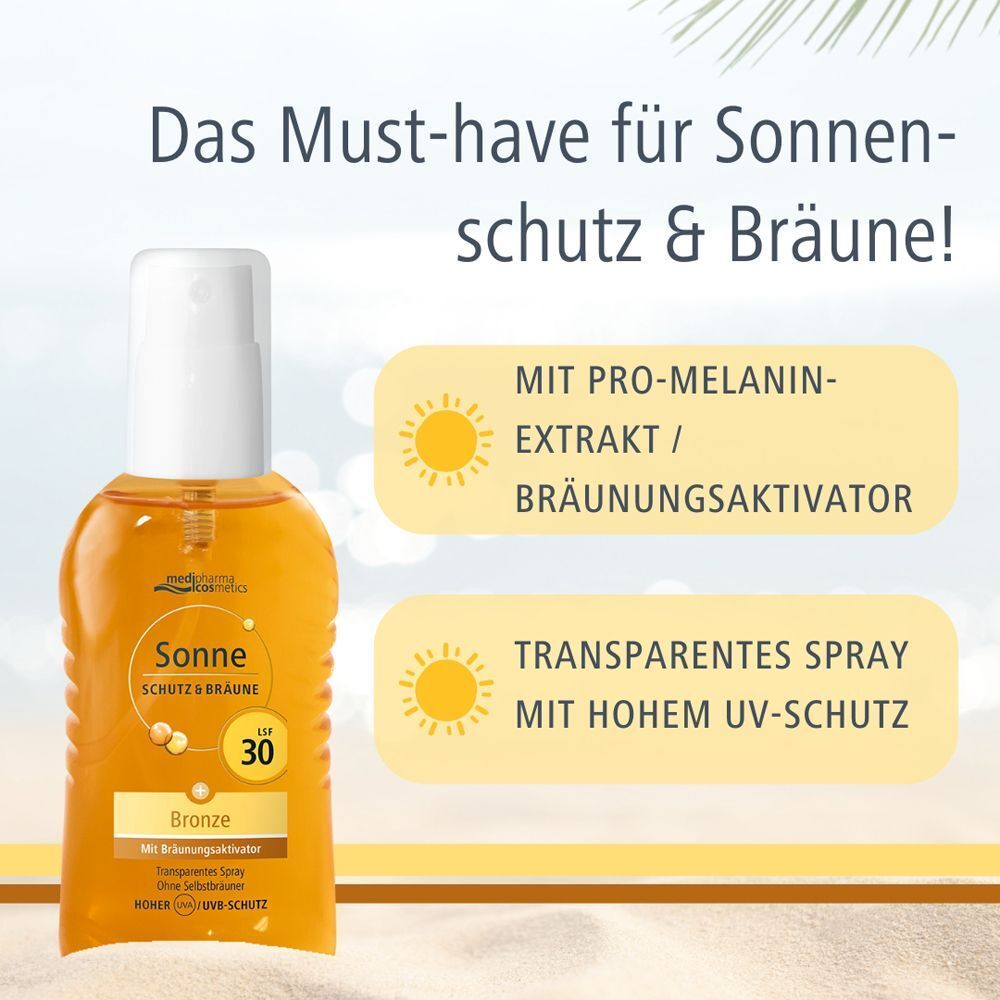 medipharma cosmetics Sonne Schutz & Bräune LSF 30 Bronze Spray: Pro-Melanin-Extrakt, transparent.