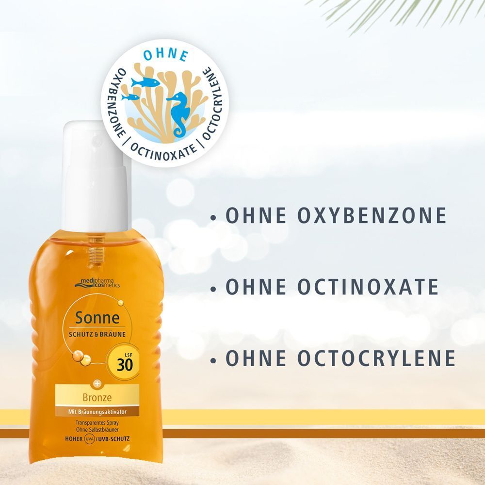 Flasche medipharma cosmetics Sonne Schutz & Bräune LSF 30 Bronze Spray, ohne Oxybenzon.