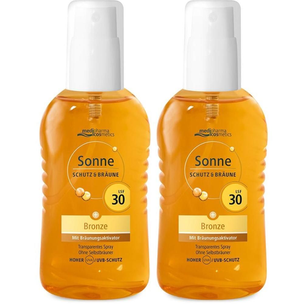 Zwei Flaschen medipharma cosmetics Sonne Schutz & Bräune LSF 30 Transparentes Spray.