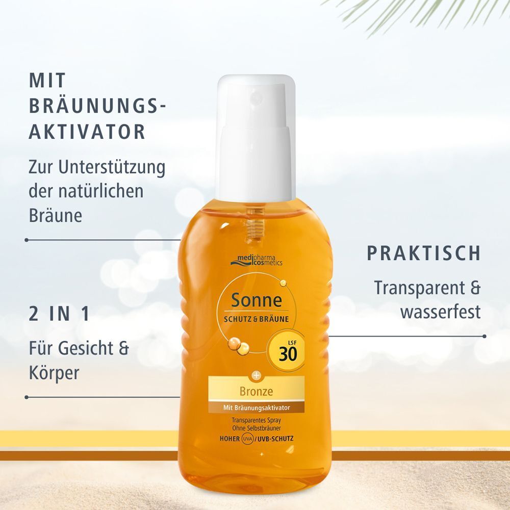 Flasche medipharma cosmetics Sonne Schutz & Bräune LSF 30 Transparentes Spray, 2 in 1 für Gesicht & Körper.