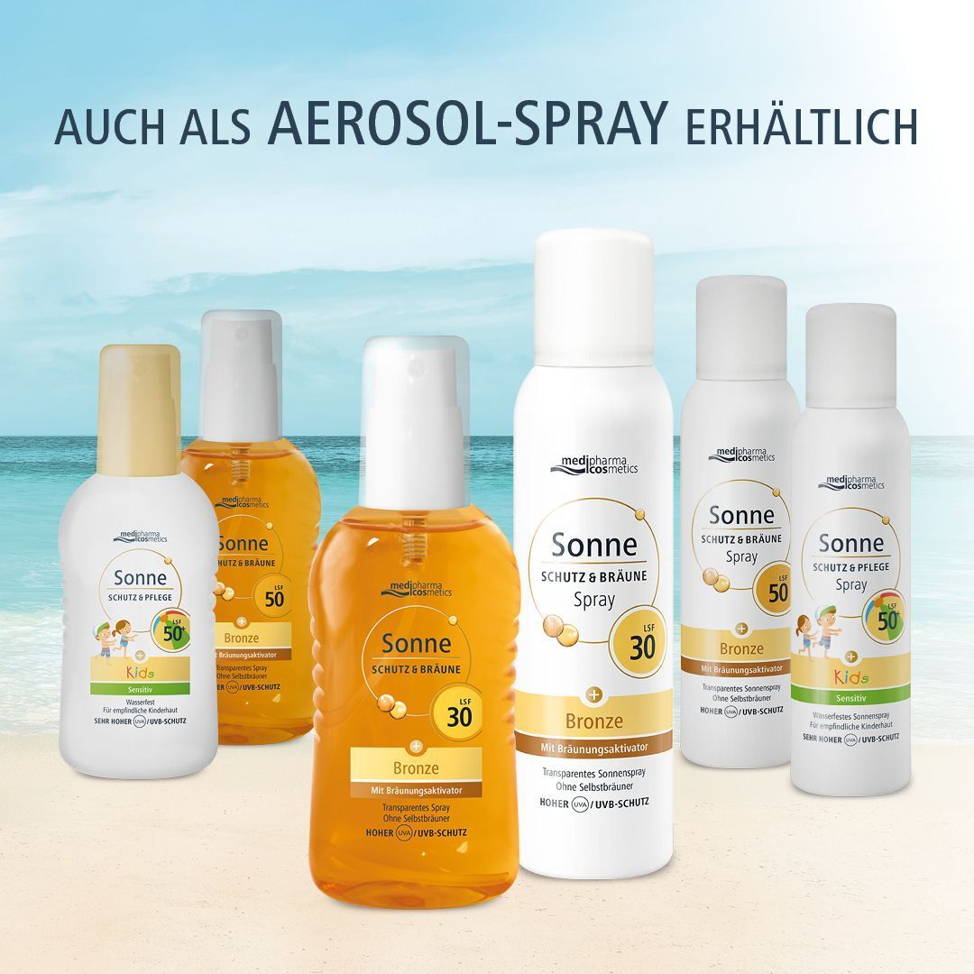 Produktreihe medipharma cosmetics Sonne Schutz & Bräune, inklusive LSF 30 und LSF 50 Varianten.