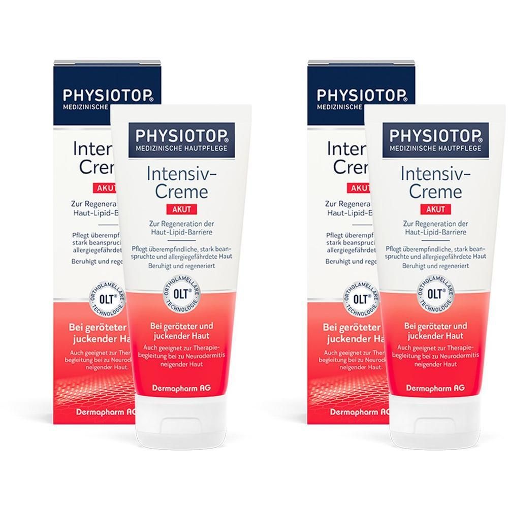 Zwei Packungen Physioptop Akut Intensiv-Creme mit OLT-Technologie für gereizte Haut.