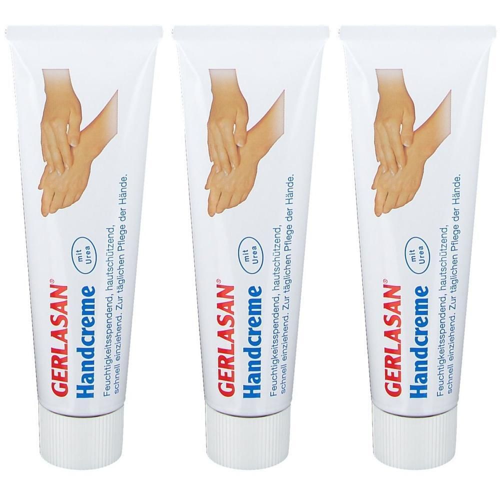 Drei Tuben GERLASAN Handcreme mit Urea. Zeigt Hände, die sich gegenseitig eincremen.