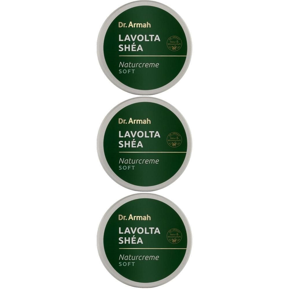 Drei runde Behälter mit Dr. Armah Lavolta Shéa Naturcreme Soft.
