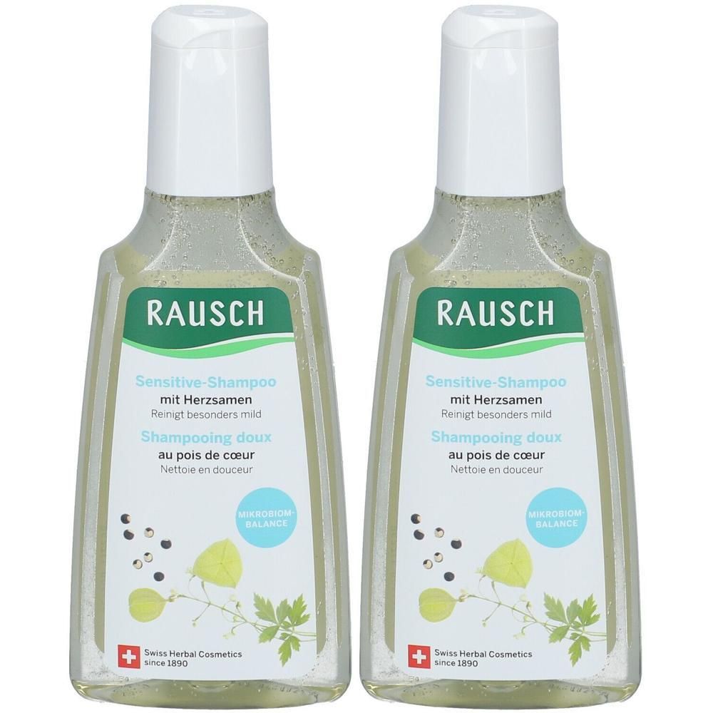 Zwei Flaschen RAUSCH Sensitive-Shampoo mit Herzsamen. Klare Flüssigkeit, weiße Verschlüsse. Grüne Etiketten mit Pflanzenmotiv.