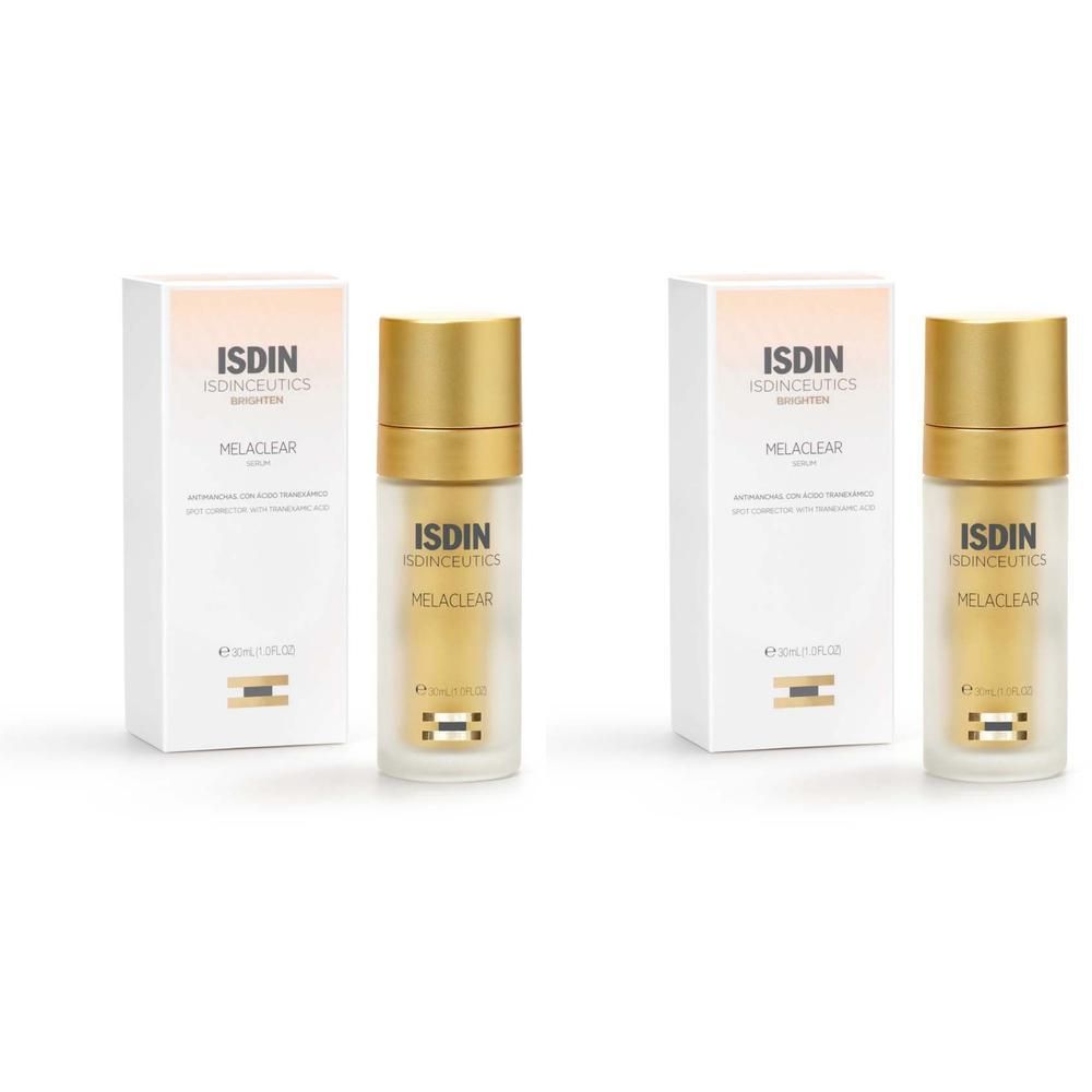 Zwei Flaschen ISDINCEUTICS Melaclear Serum mit Schachteln. Goldener Verschluss, durchscheinende Flasche.