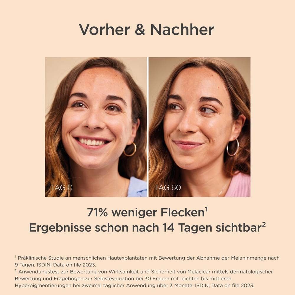 Vorher-Nachher-Bilder einer Frau. "71% weniger Flecken".