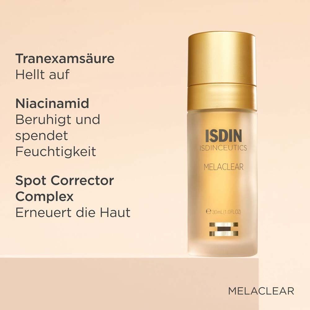 Flasche ISDINCEUTICS Melaclear Serum mit Text über Inhaltsstoffe: Tranexamsäure, Niacinamid.