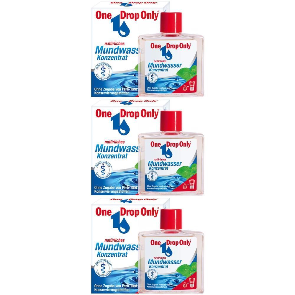 Drei Flaschen One Drop Only Mundwasser Konzentrat mit roten Verschlüssen, verpackt in Kartons.