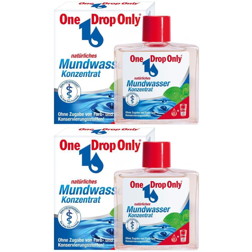 Zwei Flaschen One Drop Only Mundwasser Konzentrat mit roten Verschlüssen, verpackt in Kartons.