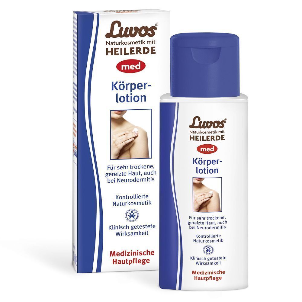 Luvos-Heilerde MED Körperlotion Flasche und Verpackung nebeneinander.